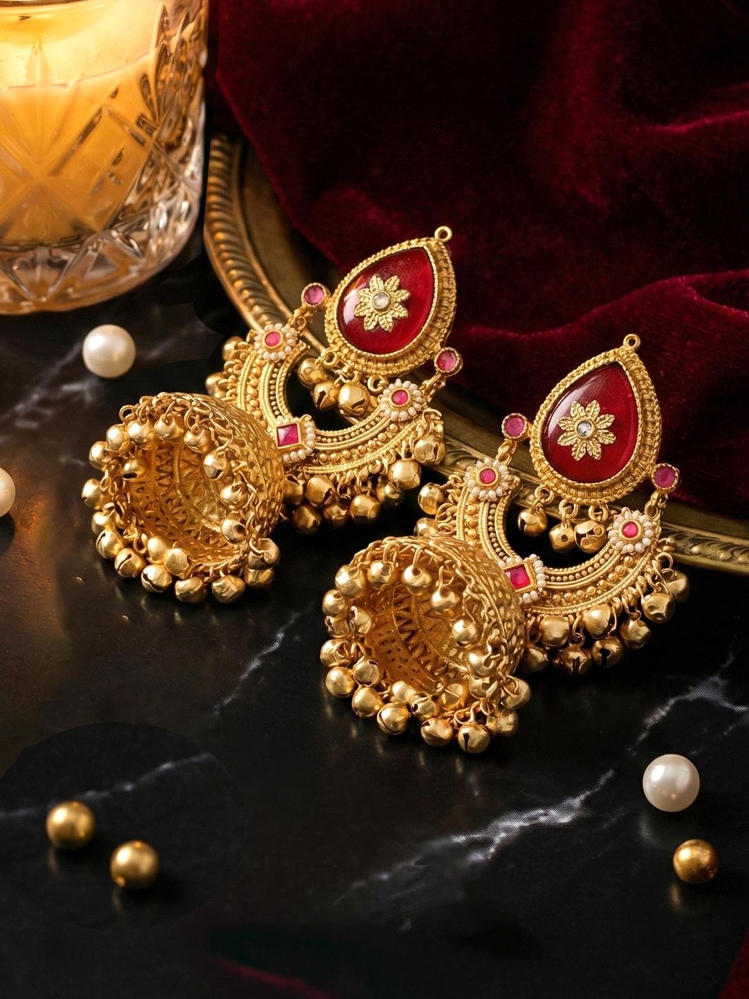LUCKY JEWELLERY  Traditional Gold Plated Kashmiri Jhumka Earrings with Ruby Stone and Ghungroo for Girls & Women |  Designer Jhumkee Earring Set | Birthday Gift Earrings Valentine Anniversary Gift
