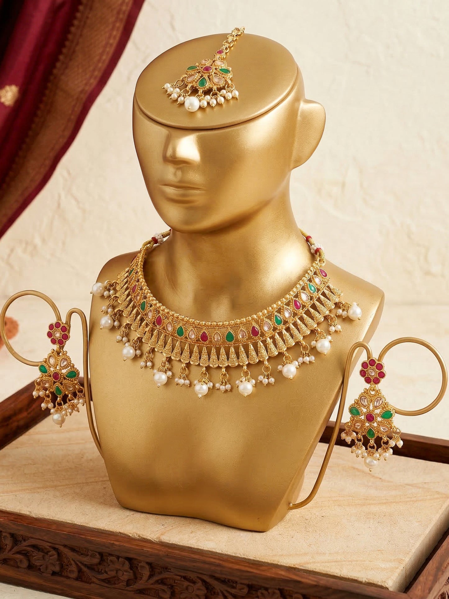 Lucky Jewellery Gold-Plated Ruby & Green Color Choker Set with Maang Tikka (750-G2SR-004-RG)