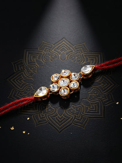 LUCKY JEWELLERY Traditional Rakhi for Brother/Bhaiya – Gold Plated Red Thread Rakshabandhan Rakhie White Stones for Bhai/Bhabhi (Pack of 4) – Fancy Rakhee Bracelet Rakshasutra (159-L1R1-02-W-4-2026)