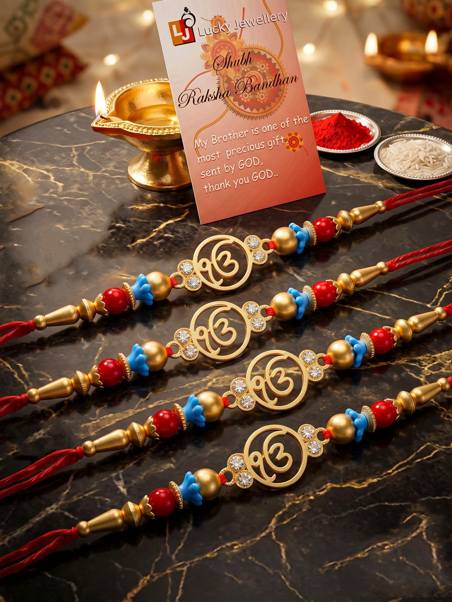 Lucky Jewellery Set of 4 Rakhi with Ek Onkar Pendant, Maroon & Blue Beads, Roli Chawal & Card (62-S7R1-2322-4)