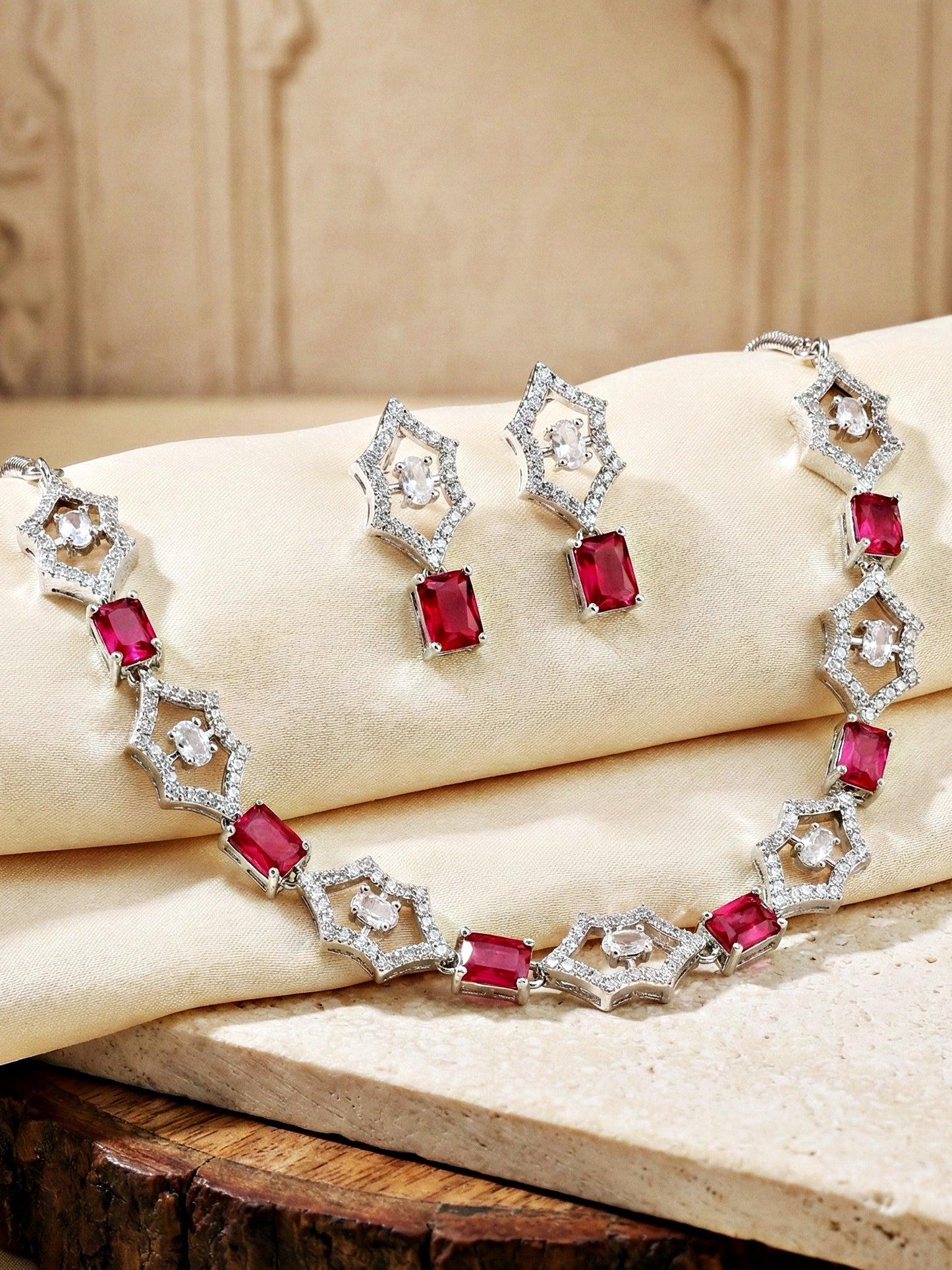 Silver-Tone Ruby Red Stone & American Diamond Necklace Set with Earrings for Women – Office, Party & Function Wear (628-K4SA-2240-R-S)