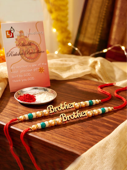 Lucky Jewellery Set of 2 Gold Brother Rakhi with Green Beads, Roli, Chawal & Card (66-CHR1-1964-2-2026)