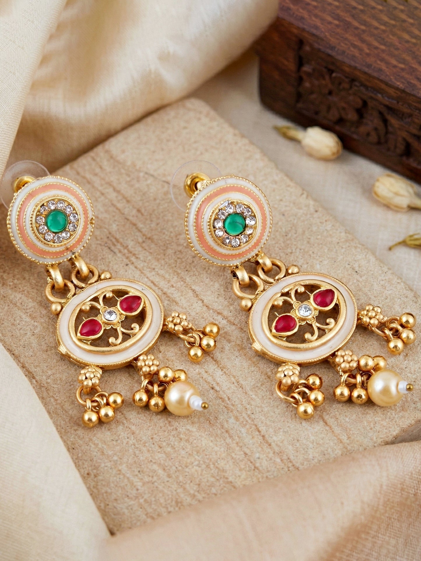 Lucky Jewellery Gold-Plated Meenakari Red & Green Stone Necklace Set (580-G2SR-260-WRG)