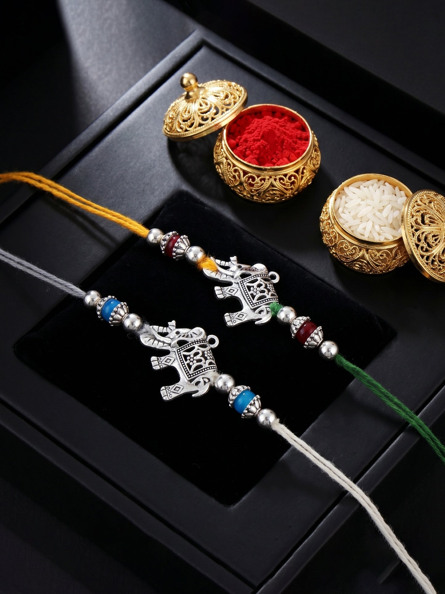 Set of 2 Silver Elephant Rakhi for Brother with Metallic Beads, Roli Chawal & Card (78-JPR1-1961-S-2-2026)