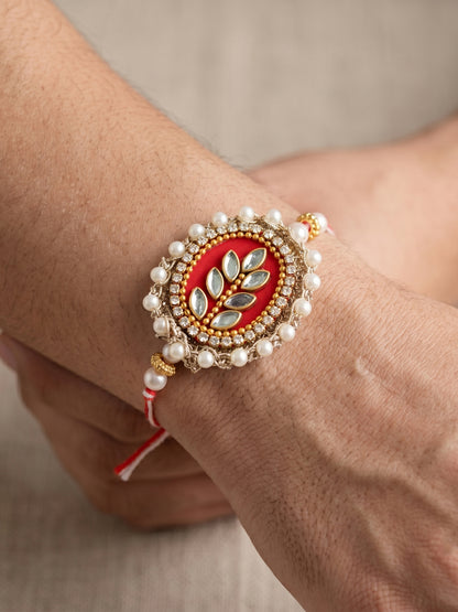Designer Red Kundan Bhaiya Bhabhi Rakhi Set | Gold Lumba Tassel & White Beaded Matching Rakhi (216-S7R1-PJ7001-M)