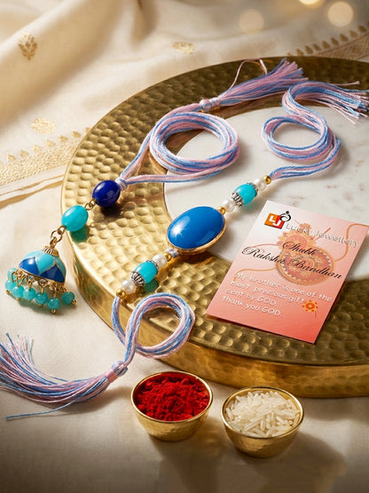 Set of 2 Blue Faux Stone Bhaiya Bhabhi Rakhi Set with Jhumki Lumba, Blue & White Beads (265-CHCR1-1151-FB-2-2026)