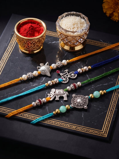 Set of 4 Animal & Cycle Rakhi for Kids with Multi & White Beads, Roli Chawal & Card (122-JPR1-1983-S-4-2026)