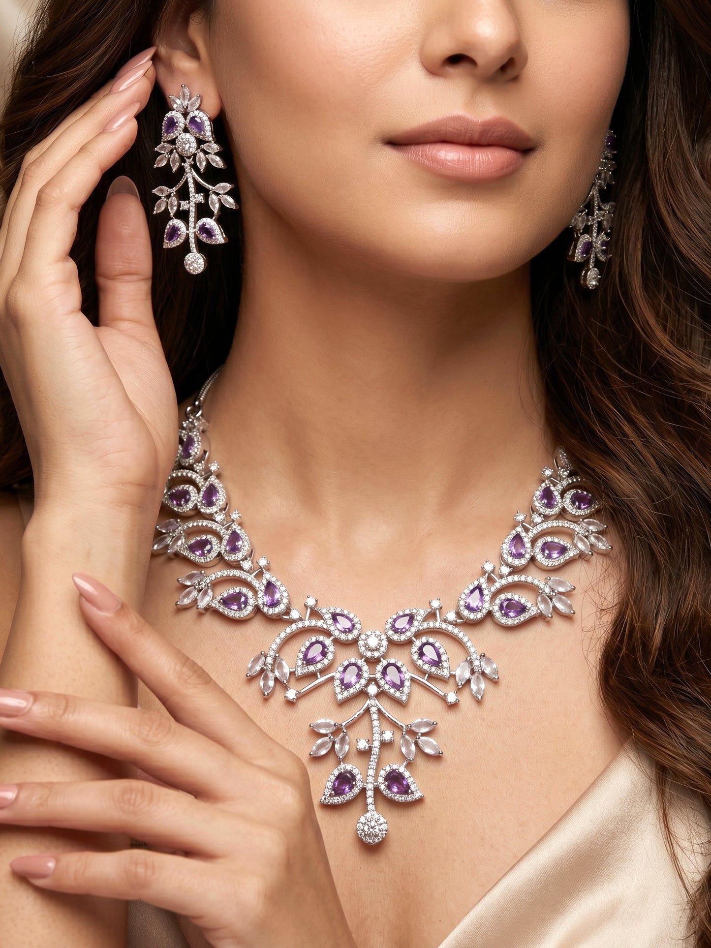 Lucky Jewellery Silver-Tone Purple Stone & American Diamond Necklace Set with Earrings for Women – Office, Party & Function Wear (1948-K4SA-2241-P-S)