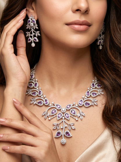 Lucky Jewellery Silver-Tone Purple Stone & American Diamond Necklace Set with Earrings for Women – Office, Party & Function Wear (1948-K4SA-2241-P-S)