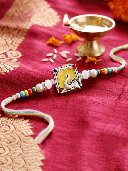 Lord Ganesha Silver-Finish Yellow Enamel Beaded Rakhi For Brother | Rakhi With Roli Chawal, Card (132-S5R1-AR2769)