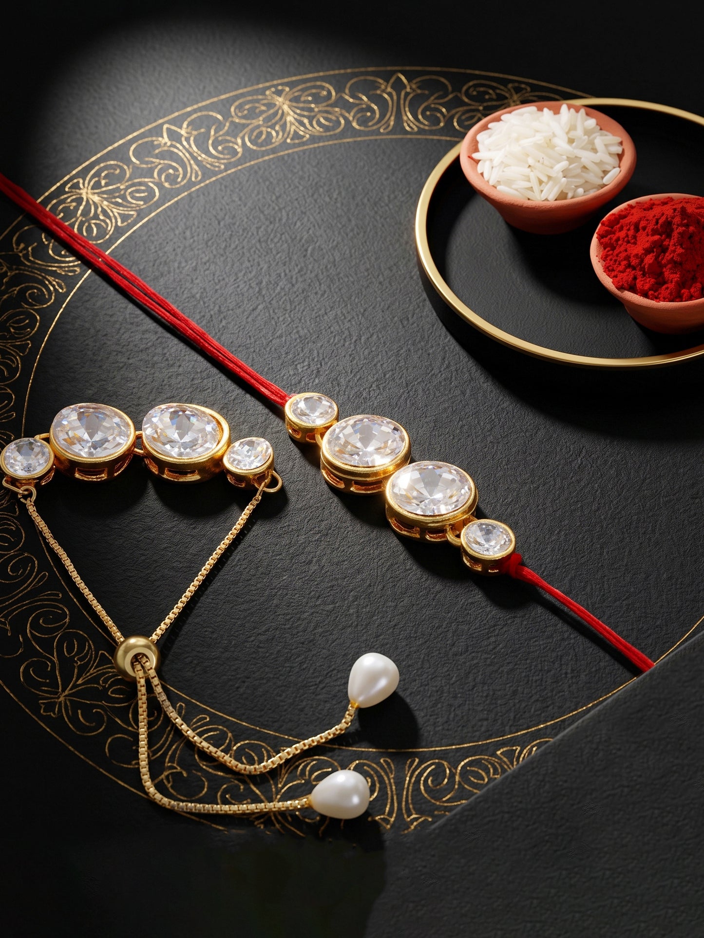 LUCKY JEWELLERY Rakhi for Brother/Bhaiya – Gold Plated Red Thread Rakshabandhan Rakhie in White Stones for Bhai/Bhabhi (Pack of 2) – Rakhee Bracelet with Pull Chain Rakshasutra (152-L1R1-10B-W-2-2026)