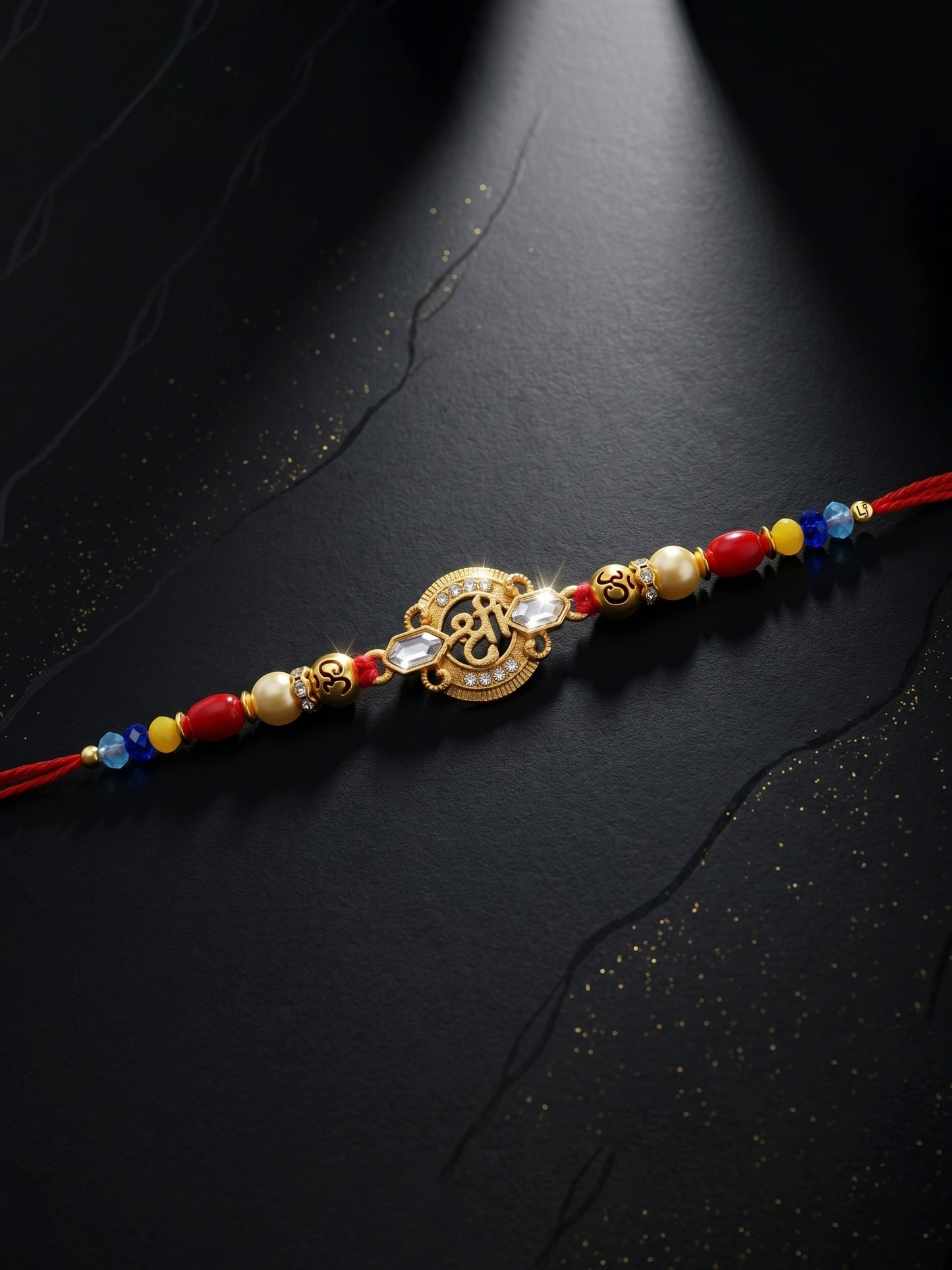 Religious Shree Symbol & Spiritual Om Beaded Rakhi Set for Brother | Roli Chawal, Card (72-S5R1-AR2967)