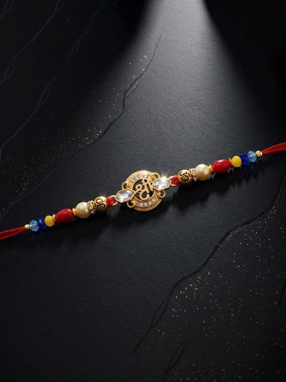 Religious Shree Symbol & Spiritual Om Beaded Rakhi Set for Brother | Roli Chawal, Card (72-S5R1-AR2967)