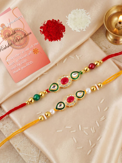 Set of 2 Designer Kundan Rakhi for Brother with Maroon, Clear Crystals, Roli Chawal & Card (98-J5R1-1977-2-2026)