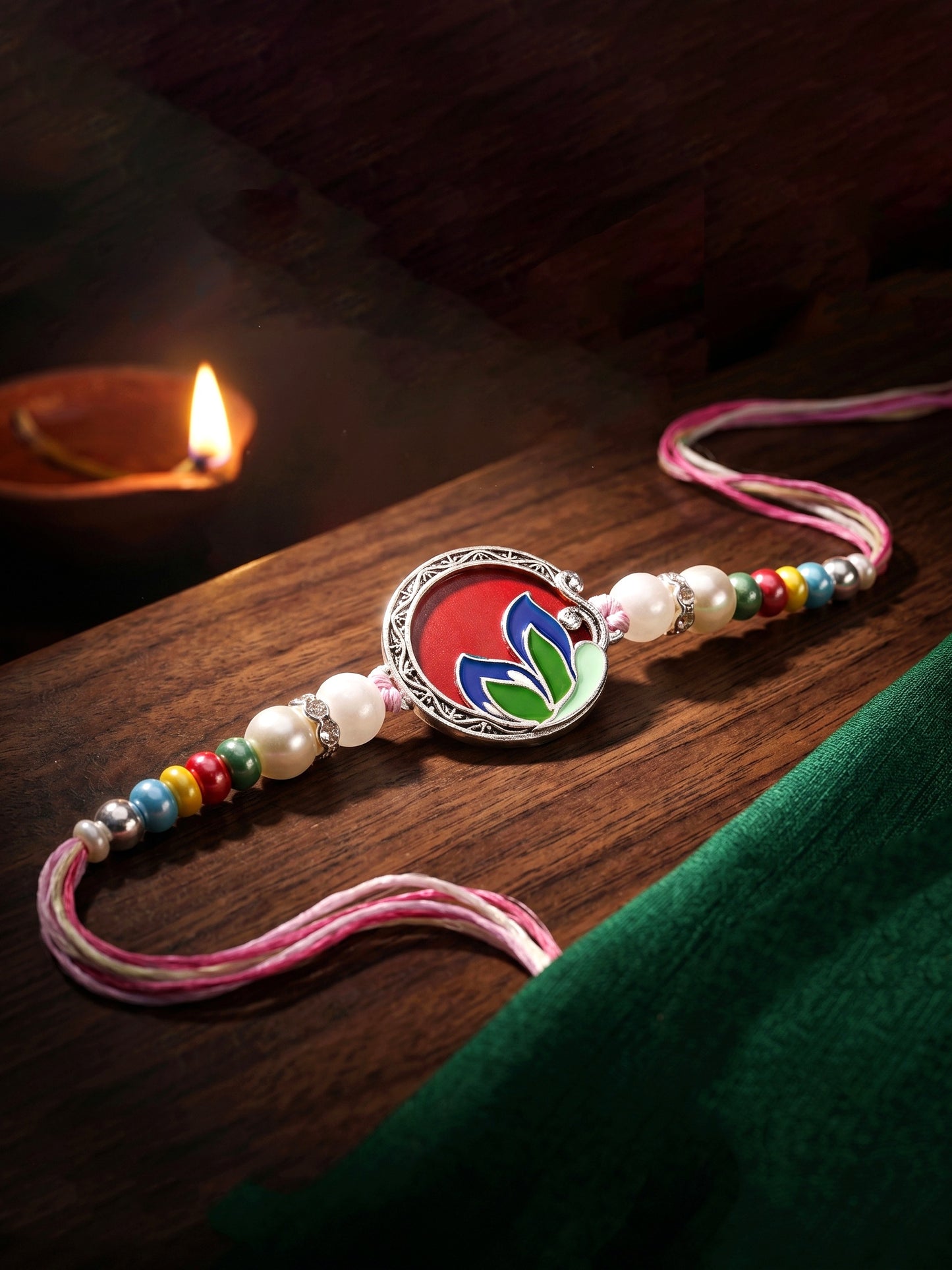 Traditional Meenakari Floral Rakhi For Brother | Silver-Finish Red & Maroon Enamel Beaded Rakhi Set (132-S5R1-AR2772)