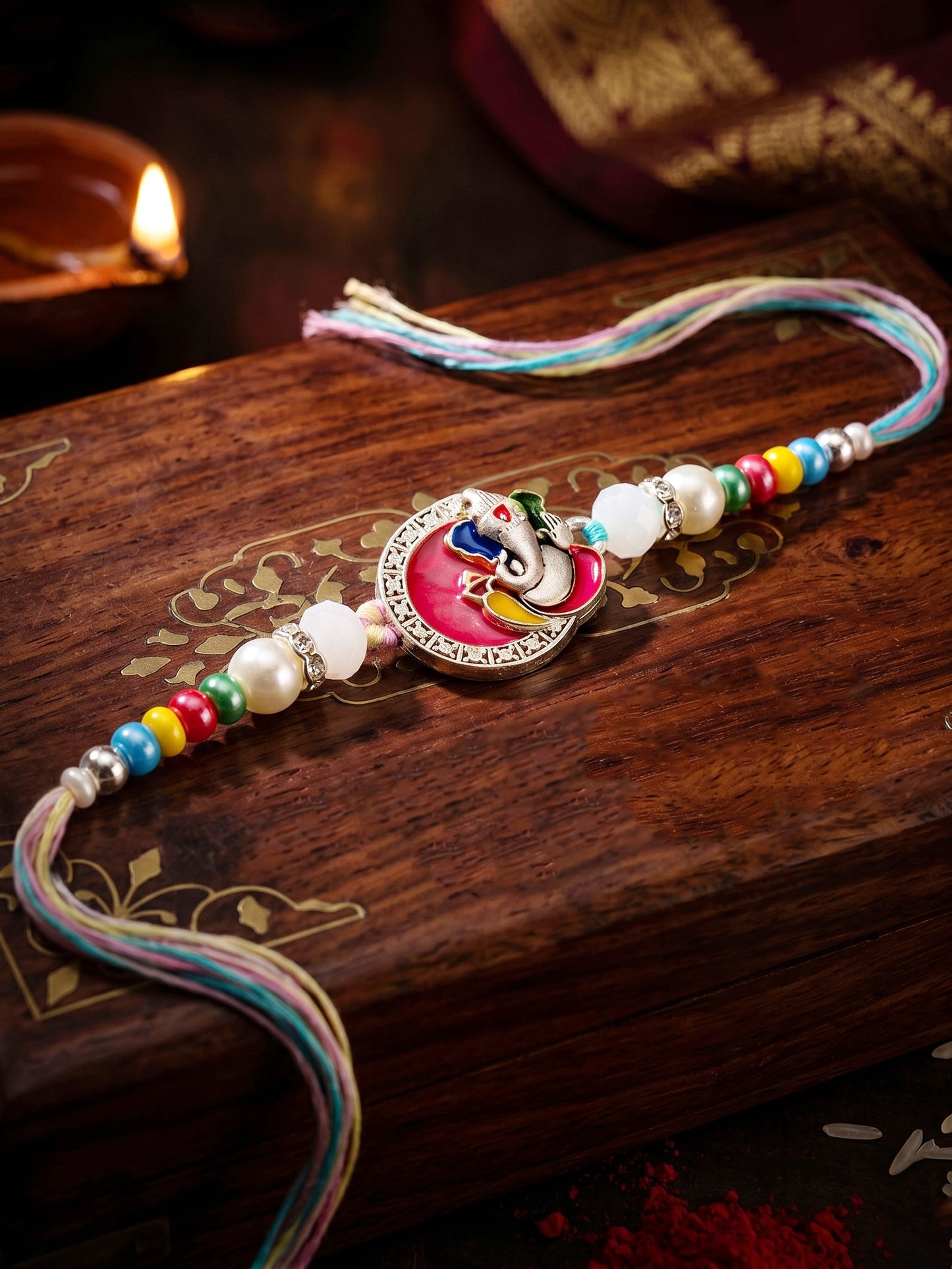 Lord Ganesha Circular Ganpati Silver-Finish Enamel Beaded Rakhi Set For Brother, Roli & Card (132-S5R1-AR2773)