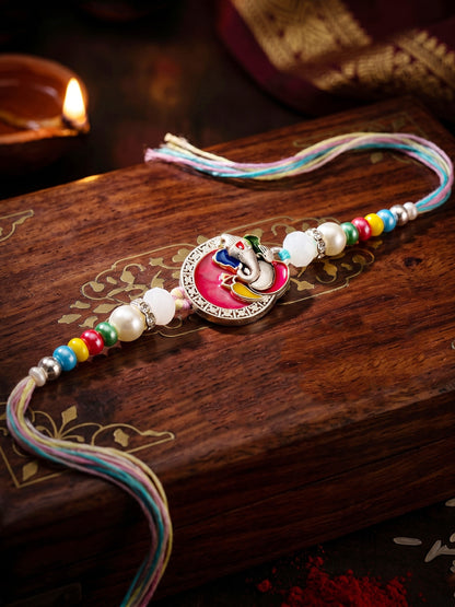 Lord Ganesha Circular Ganpati Silver-Finish Enamel Beaded Rakhi Set For Brother, Roli & Card (132-S5R1-AR2773)