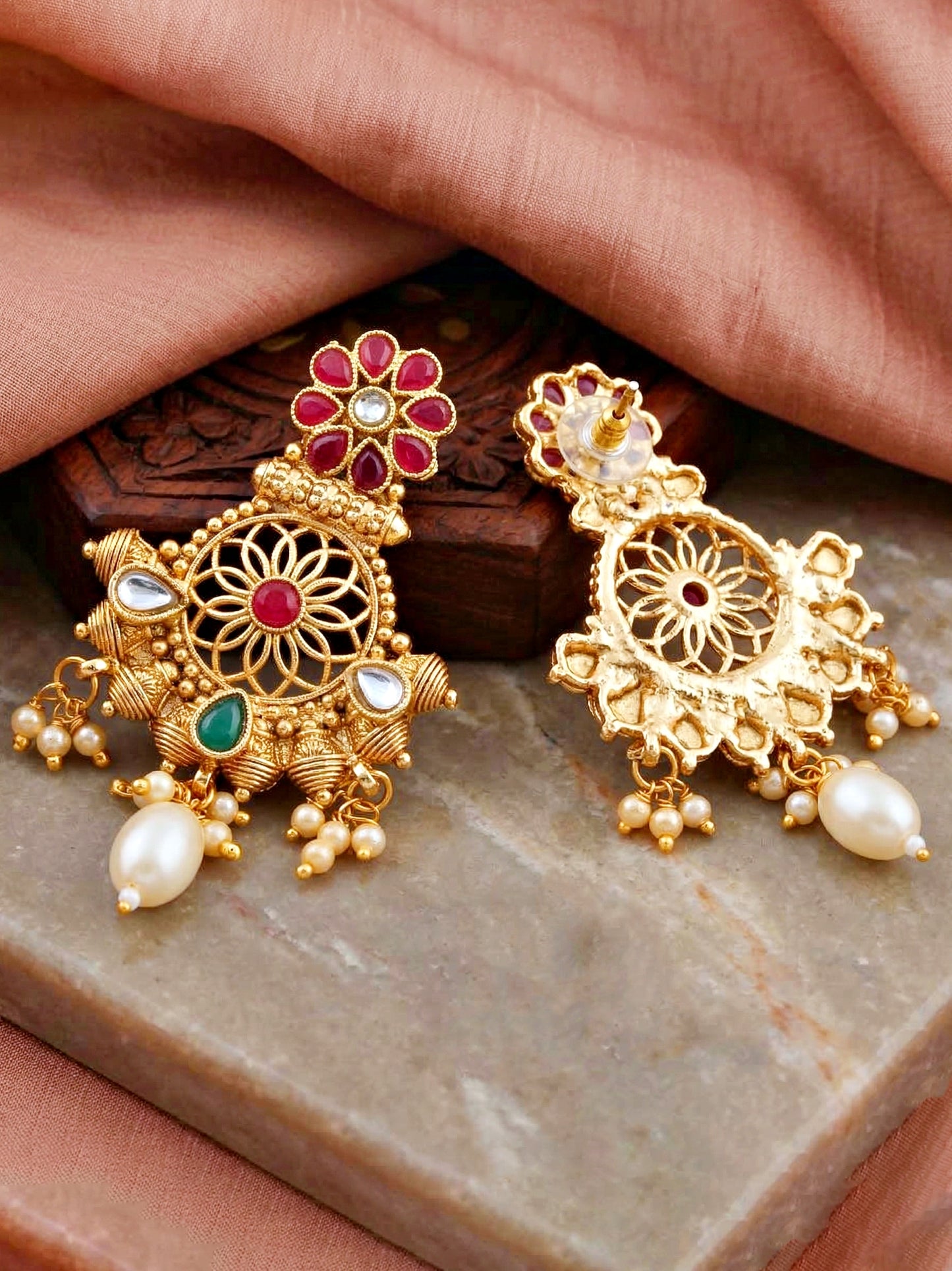 Lucky Jewellery Gold-Plated Ruby & Green Color Long Necklace Set (750-G2SR-204-RG)