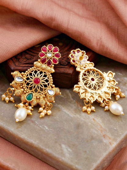 Lucky Jewellery Gold-Plated Ruby & Green Color Long Necklace Set (750-G2SR-204-RG)