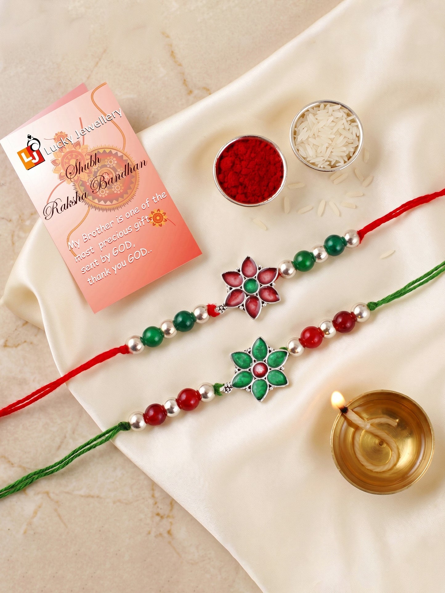 Set of 2 Floral Rakhi for Brother with Maroon & Green Enamel, Beads, Roli Chawal & Card (102-JPR1-1970-S-2-2026)