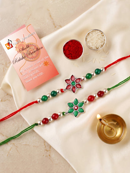 Set of 2 Floral Rakhi for Brother with Maroon & Green Enamel, Beads, Roli Chawal & Card (102-JPR1-1970-S-2-2026)