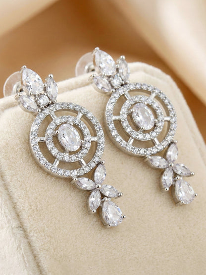 Silver-Tone White Stone & American Diamond Necklace Set with Earrings for Women – Office, Party & Function Wear (1717-K4SA-2242-W-S)