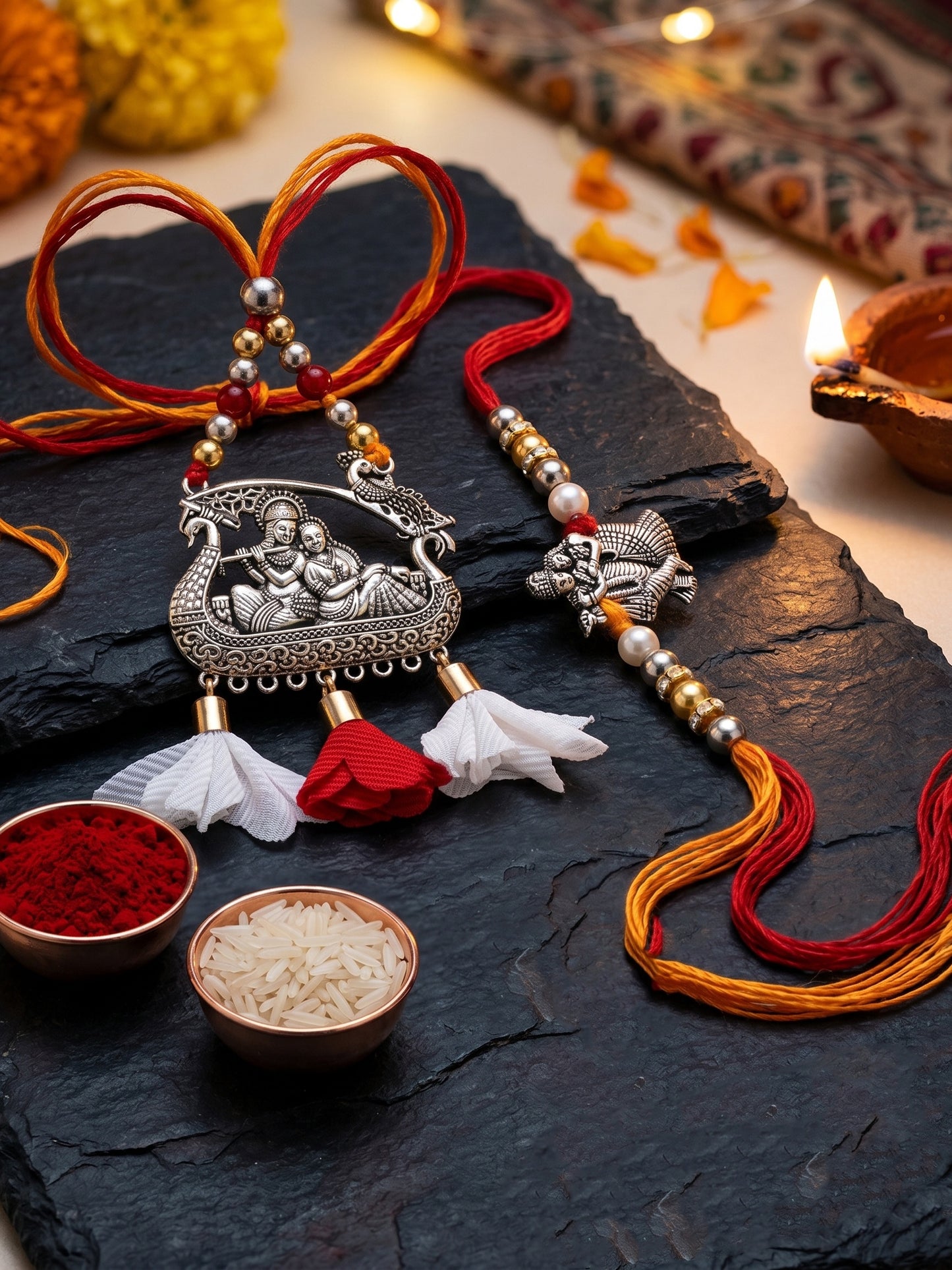 Set of 2 Bhaiya Bhabhi Rakhi Set with Radha Krishna Pendant, Maroon & White Tassels, Roli Chawal (182-JPCR1-1990-S-2-2026)