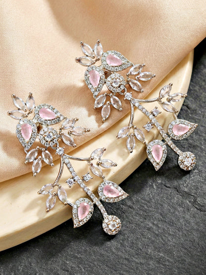 Silver-Tone Pink Stone & American Diamond Necklace Set with Earrings for Women – Office, Party & Function Wear (1948-K4SA-2241-PK-S)