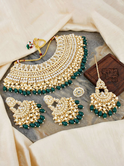 Gold Plated Kundan & Pearl Green Stone Bridal Choker Jewellery Set with Maang Tikka (1683-ISK-855-G)