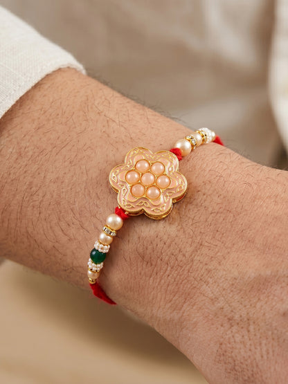 Set of 2 Bhaiya Bhabhi Rakhi Set with Floral Peach Pendant, Green & Gold Beads, Tassel Lumba (130-JPCR1-1857-PH-2-2026)