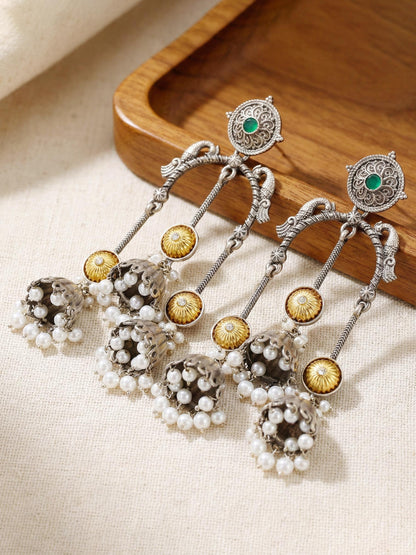 LUCKY JEWELLERY Oxidised Silver & Gold Kashmiri Jhumka Earrings with Ruby & Green Beads (654-KEO-20825-G-SG)