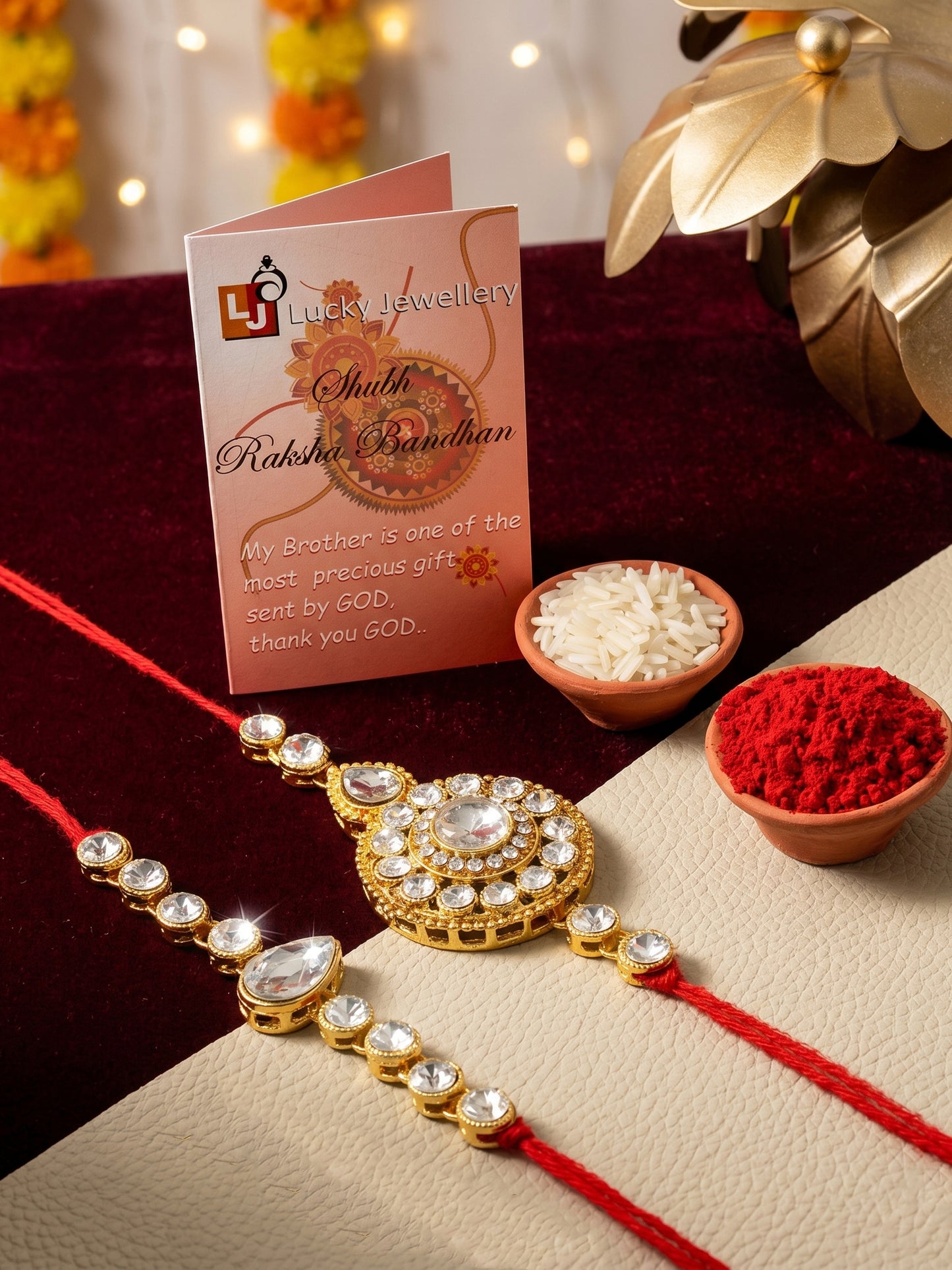 LUCKY JEWELLERY Traditional Rakhi for Brother/Bhaiya – Gold Plated Red Thread Rakshabandhan Rakhie White Stones for Bhai/Bhabhi (Pack of 2) – Fancy Rakhee Bracelet Rakshasutra (159-L1R1-21-W-2-2026)