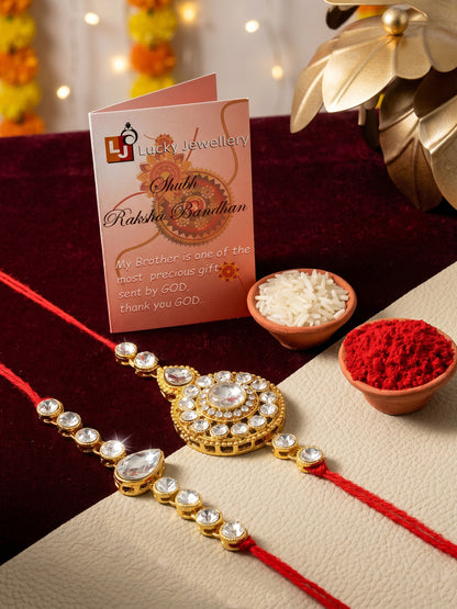 LUCKY JEWELLERY Traditional Rakhi for Brother/Bhaiya – Gold Plated Red Thread Rakshabandhan Rakhie White Stones for Bhai/Bhabhi (Pack of 2) – Fancy Rakhee Bracelet Rakshasutra (159-L1R1-21-W-2-2026)