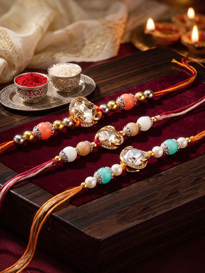 Set of 3 Designer Rakhis: Faceted Crystal Centerpiece & Multi Beads, Roli, Chawal & Card (300-CHR1-1002B-3-2026)