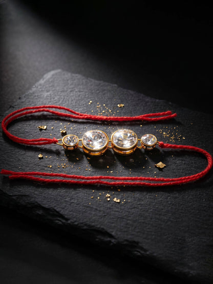 LUCKY JEWELLERY Traditional Rakhi for Brother/Bhaiya – Gold Plated Red Thread Rakshabandhan Rakhie in White Stones for Bhai/Bhabhi (Pack of 1) – Fancy Rakhee Bracelet Rakshasutra (76-L1R1-10-W-1-2026)