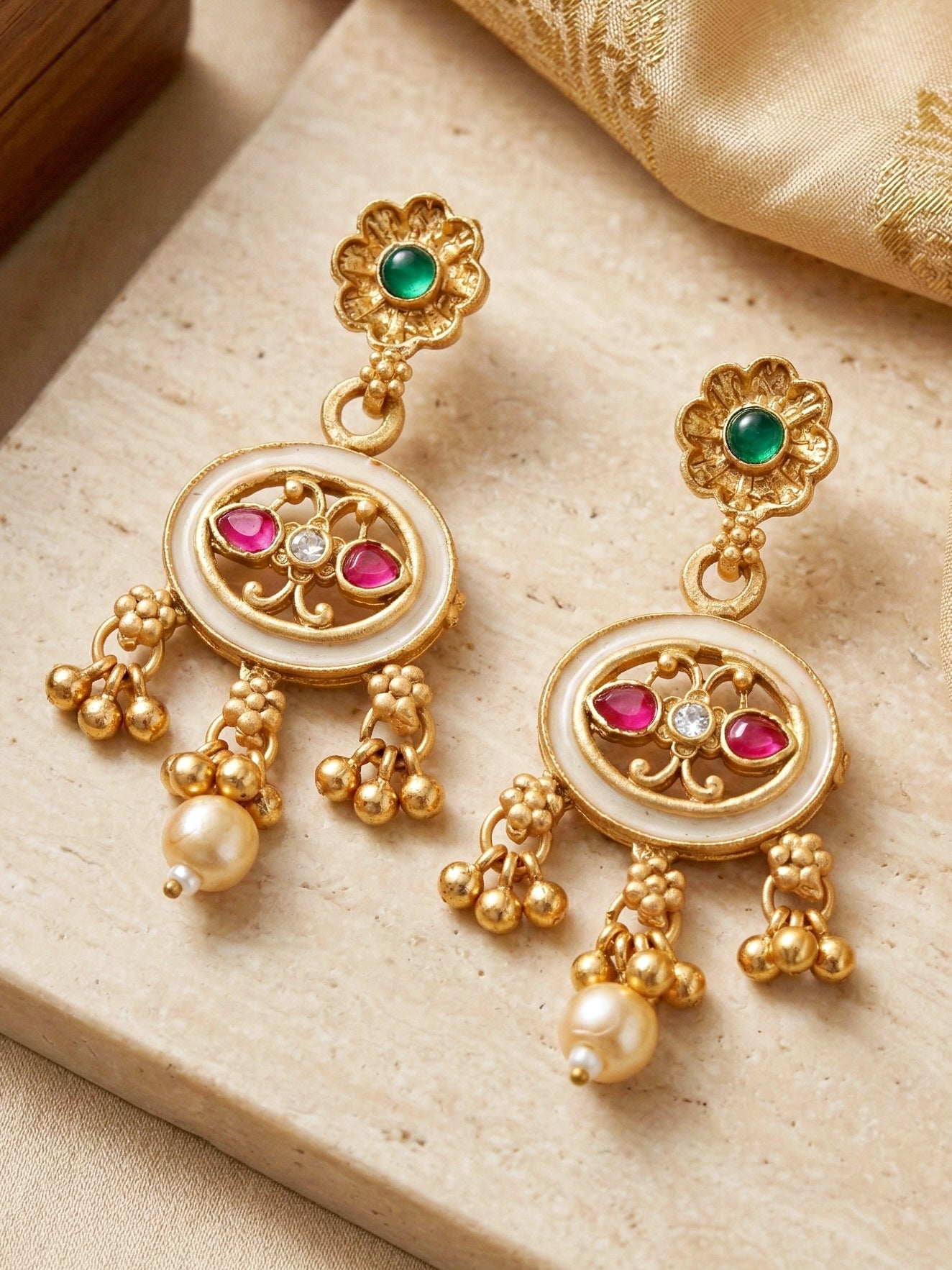 Lucky Jewellery Gold-Plated Meenakari Red & Green Stone Necklace Set (580-G2SR-261-WRG)
