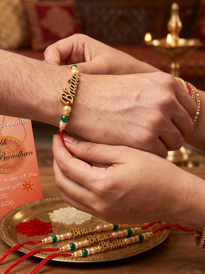 Set of 4 Gold Bhaia Rakhi for Brothers with Green & Beads, Roli Chawal & Card (94-CHR1-1965-4-2026)
