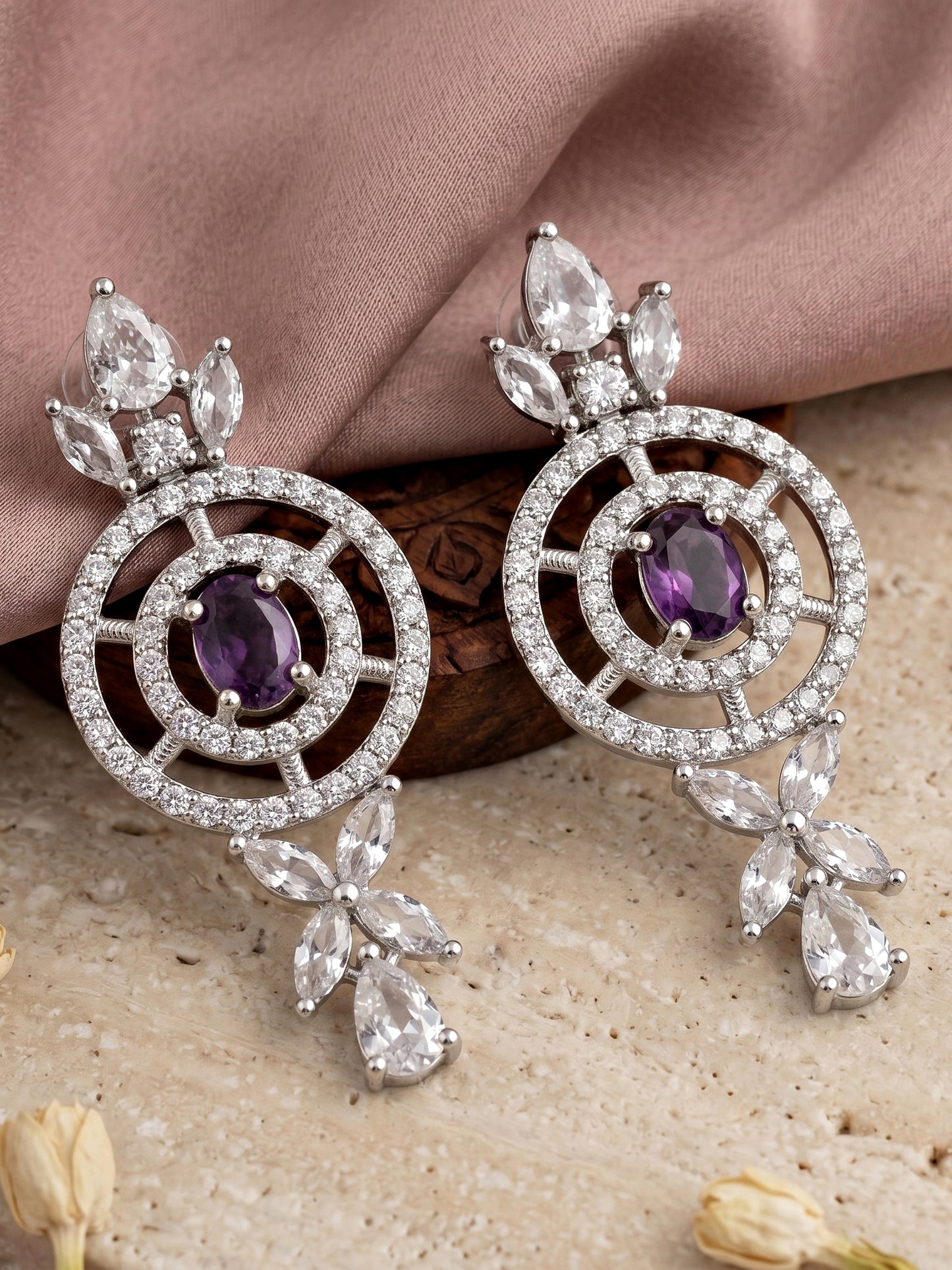 Silver-Tone Purple Stone & American Diamond Necklace Set with Earrings for Women – Office, Party & Function Wear (1717-K4SA-2242-P-S)