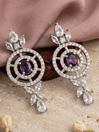 Silver-Tone Purple Stone & American Diamond Necklace Set with Earrings for Women – Office, Party & Function Wear (1717-K4SA-2242-P-S)