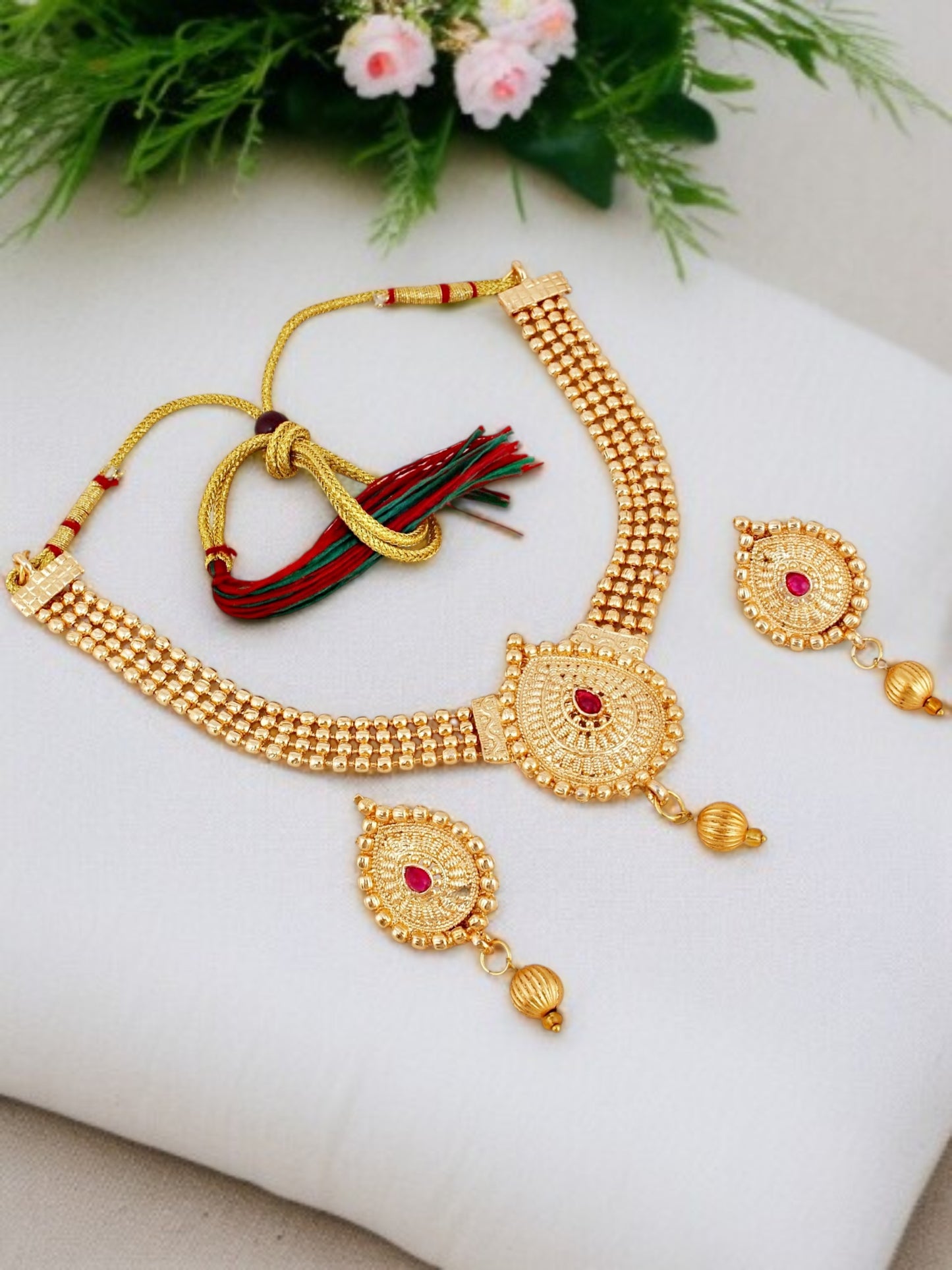 Gold Plated Traditional Double Necklace Set with Earrings For Women & Girls