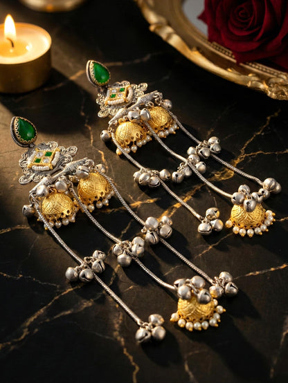 LUCKY JEWELLERY Oxidized Silver Kashmiri Earrings with Green Stone, Triple Gold Jhumka Chains, Designer Jhumkee Earrings for Girls & Women | Birthday & Anniversary Gift