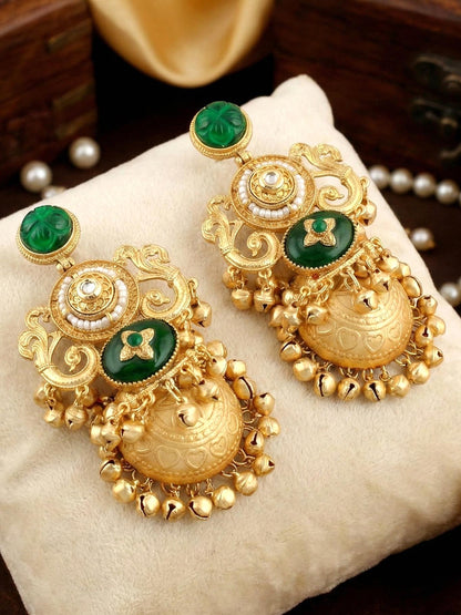 LUCKY JEWELLERY Traditional Gold Plated Green Stone Jhumka Earrings with Ghungroo | Kashmiri Style Designer Jhumki Earrings for Girls & Women | Wedding, Festival, Party & Gift Wear
