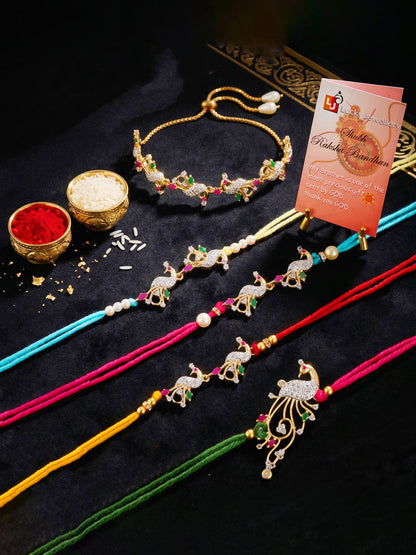 Set of 5 Designer Gold-Toned Peacock Rakhi Set for Brother & Bhabhi, Roli, Chawal & Card (680-P4R1-1544-5-2026)