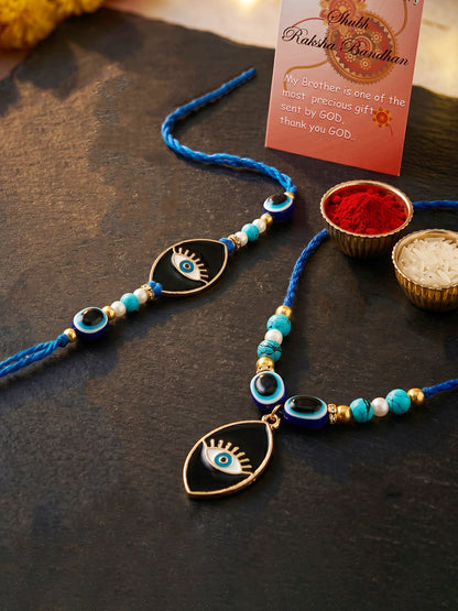 Set of 2 Bhaiya Bhabhi Rakhi Set with Small Evil Eye Pendant, Turquoise & Black Beads, Roli Chawal (194-CHCR1-1984-S-2-2026)