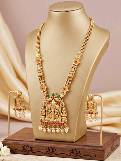 Lucky Jewellery Gold-Plated Ganesh Laxmi Ruby & Green Color Necklace Set (660-G2SR-200-RG)