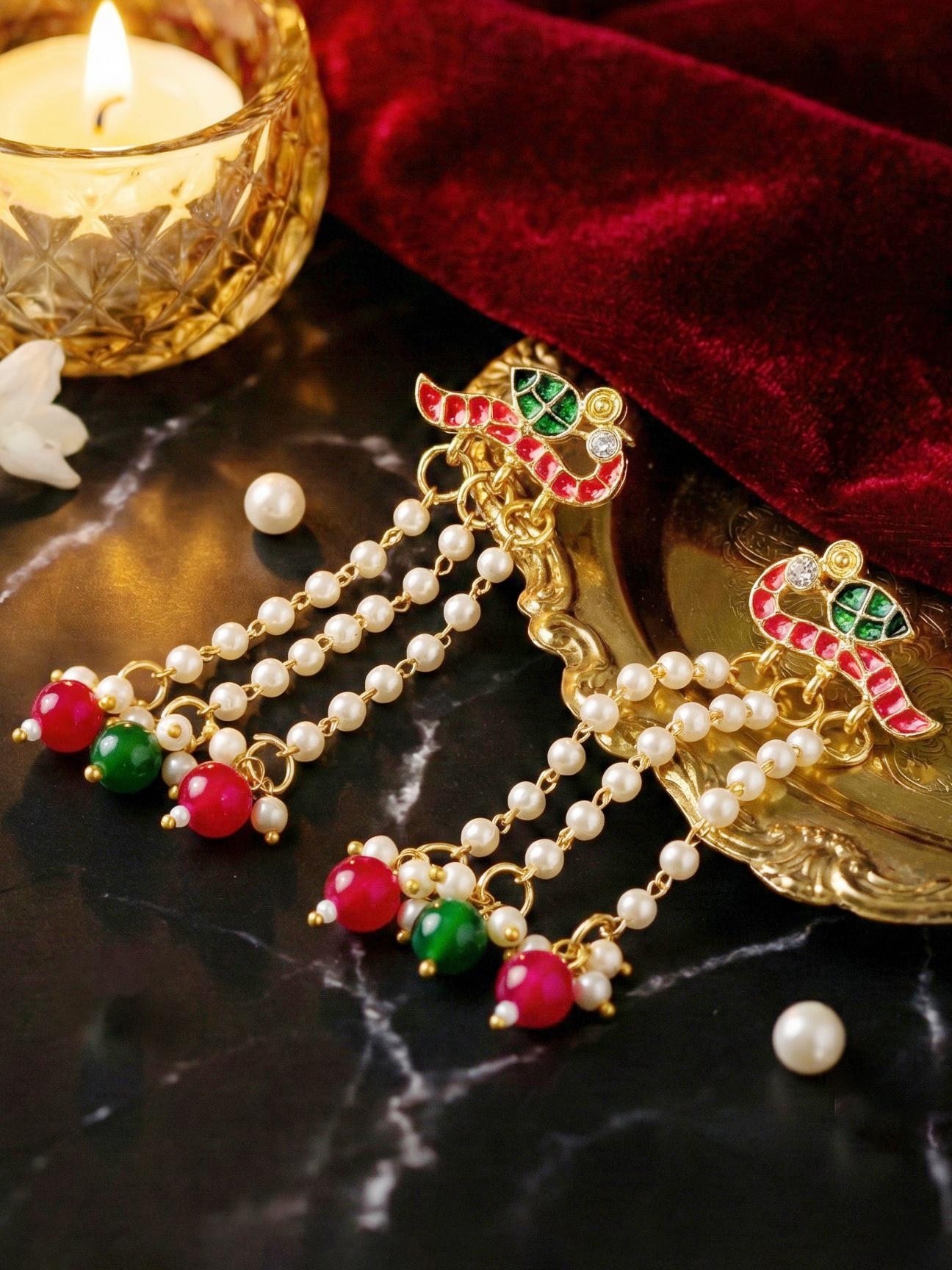 Gold Plated Enamel Bird Moti Layer Long  Earrings with Magenta & Green Beads For Girls & Women (225-KEG-9881-RG)