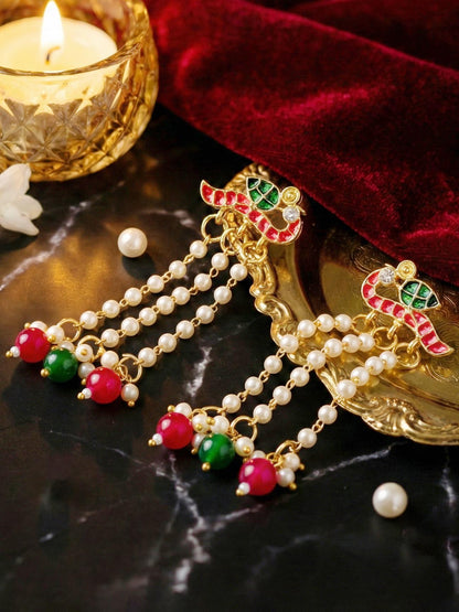 Gold Plated Enamel Bird Moti Layer Long  Earrings with Magenta & Green Beads For Girls & Women (225-KEG-9881-RG)