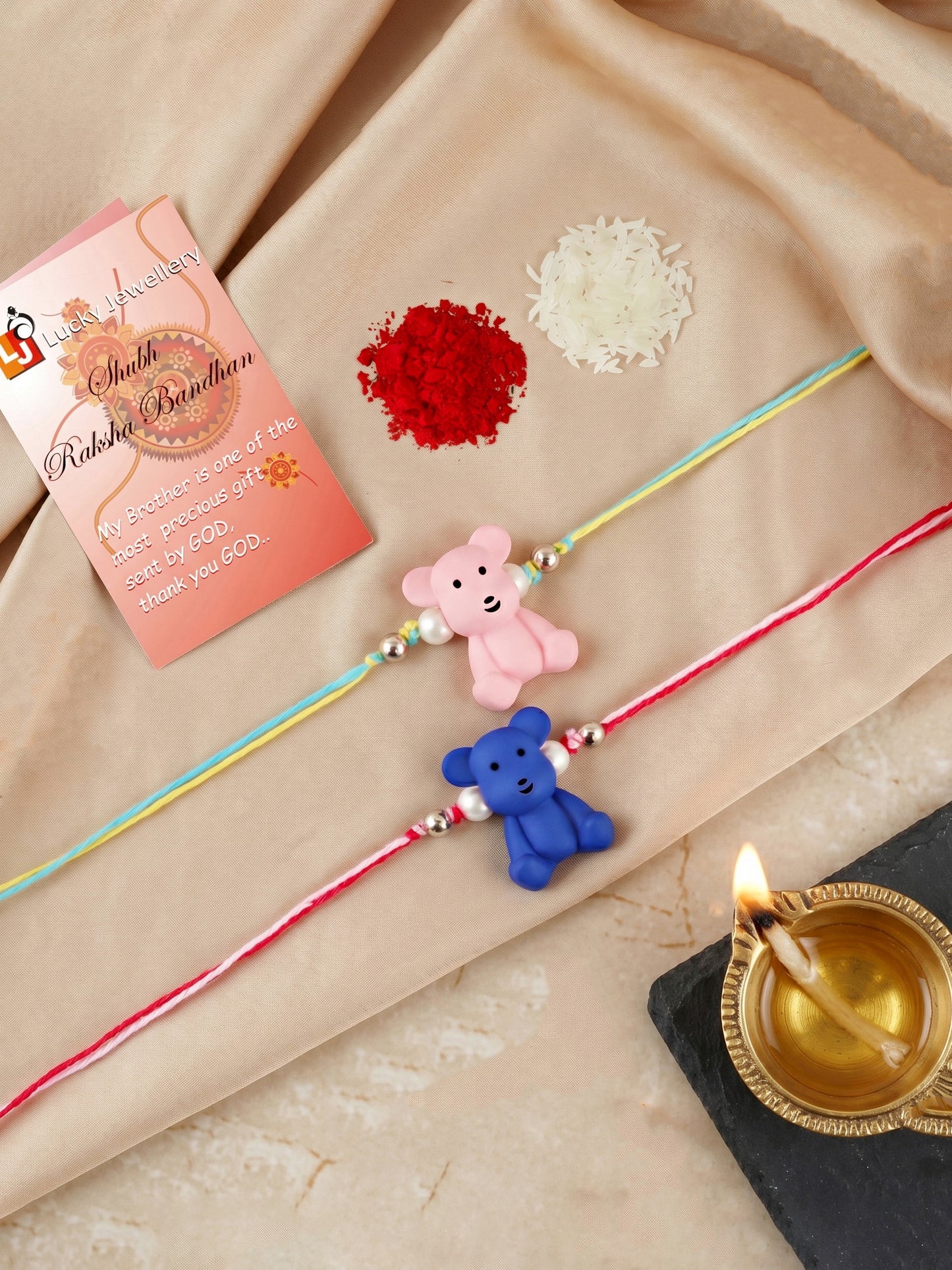 Set of 2 Cute Teddy Bear Kids Rakhi in Pink & Blue with White Beads, Roli Chawal & Card (105-CHR1-1206-PKB-2-2026)