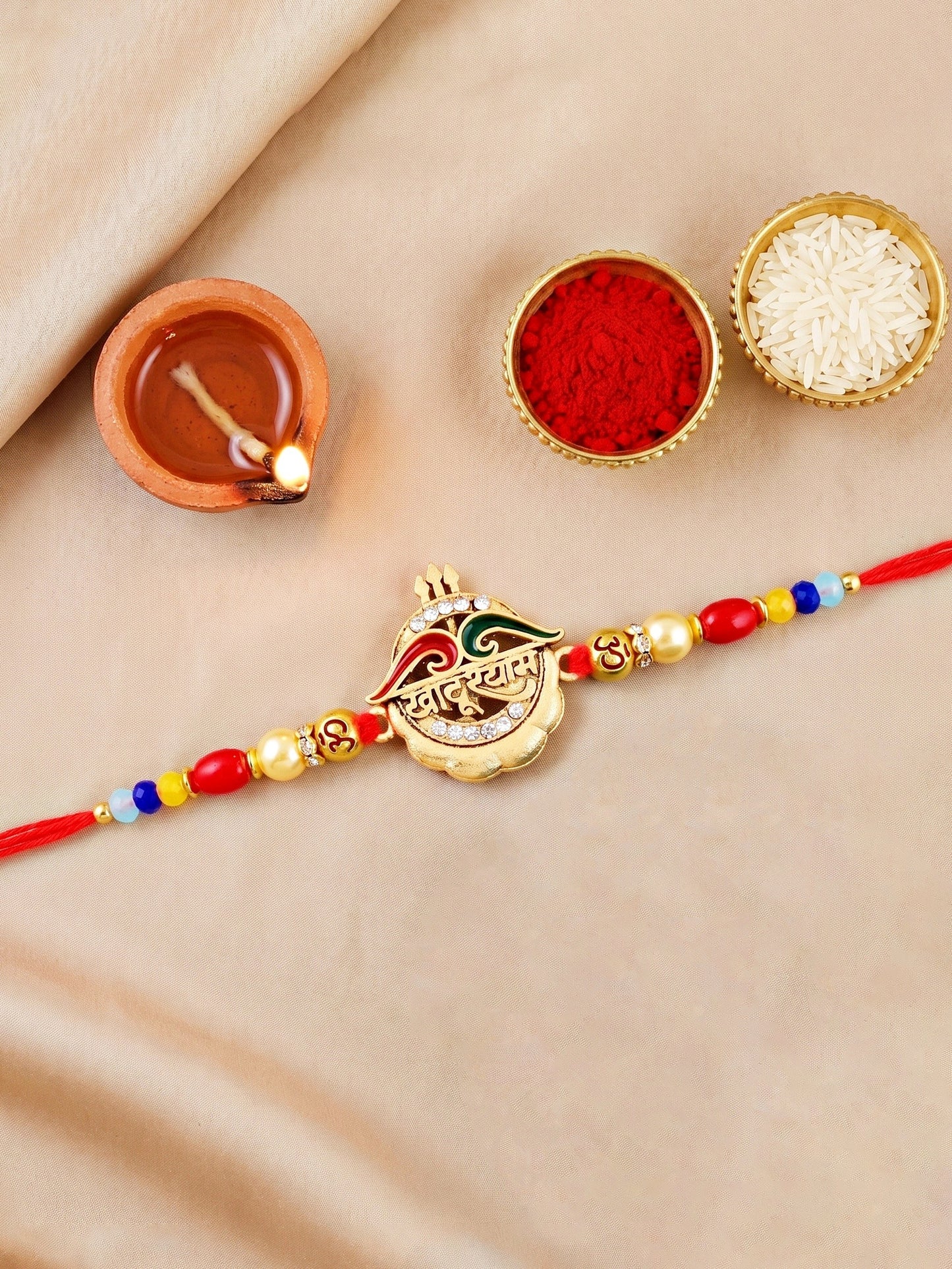 Divine Khatu Shyam & Trishul Om Beaded Rakhi Set For Brother with Roli Chawal & Card (72-S5R1-AR2970)