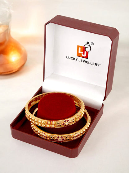 18k One Gram Gold-Plated Meenakari Floral Design Bangle Set for Women & Girls - Pack of 2